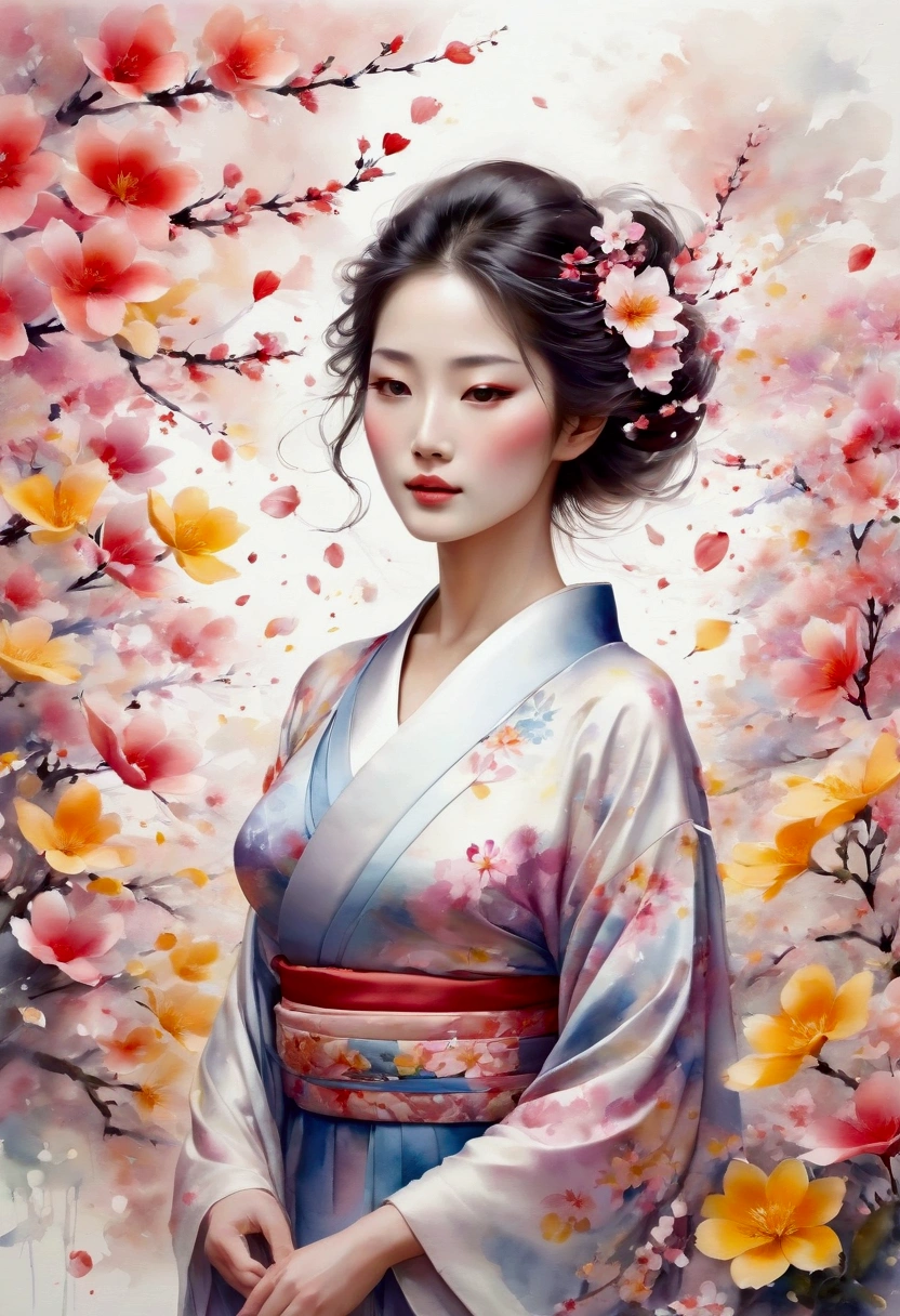 A masterpiece watercolor painting of a beautiful woman in a kimono, framed from the upper body, nearly obscured by an overwhelming flurry of flower petals that fill the entire scene. The painting features soft, delicate brushstrokes with transparent and overlapping colors that blend and bleed beautifully. The watercolor effect creates a graceful, fluid atmosphere, with the boundary between the figure and the background intentionally blurred. The petals nearly hide the figure, adding to the ethereal and dreamlike quality of the composition.