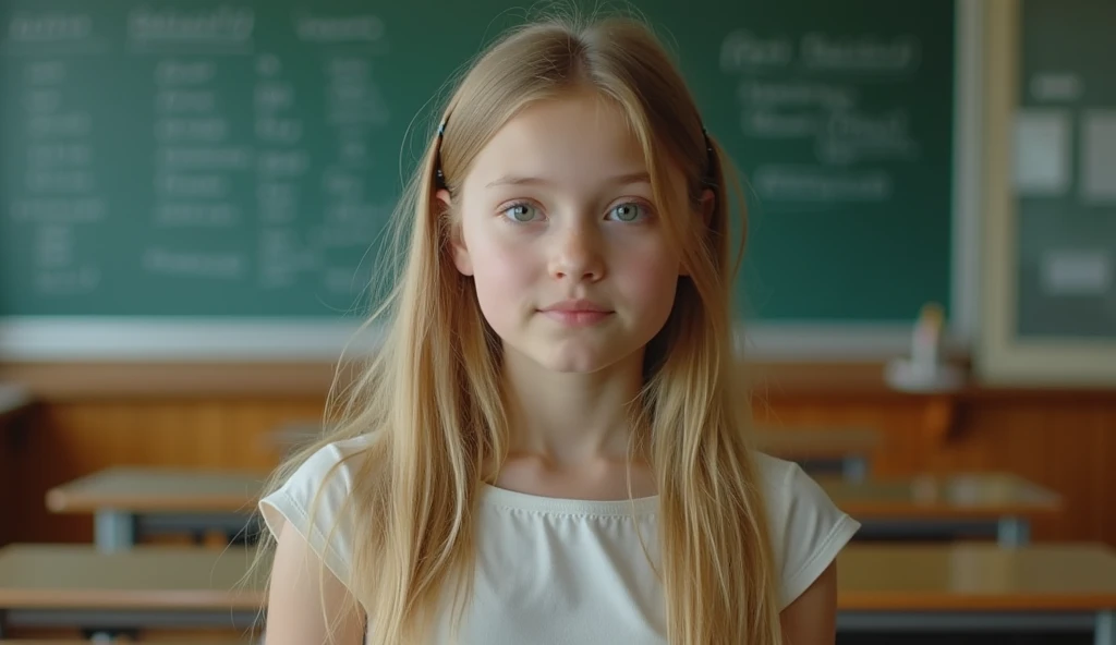 girl thirteen years long hair blue eyes black underwear bra and panties has medium breasts and sitting in a school desk on a chair during class Color and style: The person has light hair tied back in a braid, indicating that it is long enough to be tied.
     Length: The hair is probably medium or long, given that it is tied in a braid.