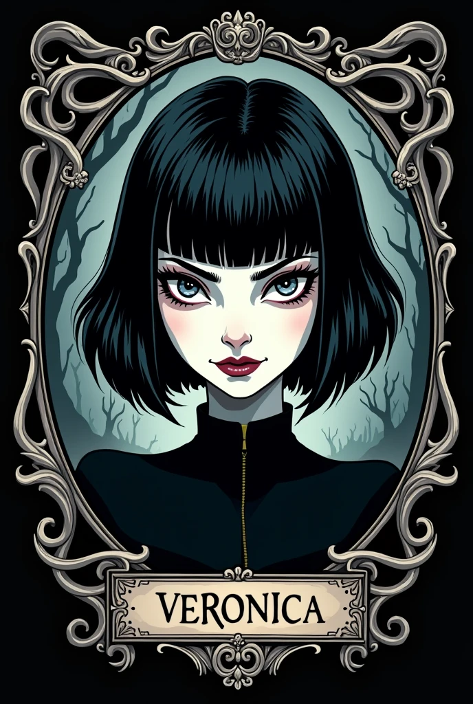 1 anime woman, mature, black short hair, chartreuse green eyes, pale skin, round glasses with thin frame, vintage gothic clothing, a small mole on the upper corner of the right side of the mouth