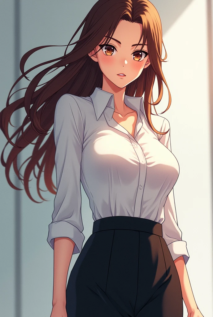 <lora:MediumPlus-fC-V1:1>, vivid hair, pencil skirt, blouse, light rays, god rays, muscular, realistic, breasts