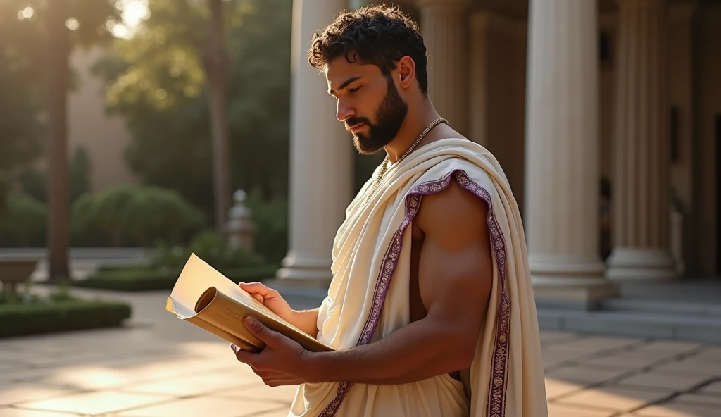 Alexander the Great as an adult reading a book looking like a Greek painting