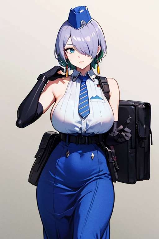 nikkebrid, large breasts, low ponytail, hair over one eye, earrings , garrison cap, sleeveless shirt, long skirt, blue necktie, belt pouch, elbow gloves, boots 