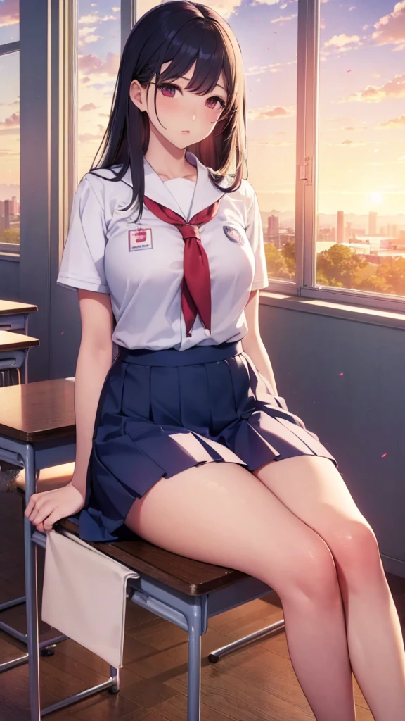 Tabletop, highest quality, Japanese girl, 8k, RAW Photos, highest quality, Tabletop, Hmph:1.2, Highly detailed RAW color photos, Professional Photos, (Realistic, Realistic:1.37), (Highly detailed skins:1.2), Ultra-high resolution, (Lenz 50mm), (Tabletop, highest quality:1.3), (Ultra detailed 8k cg:1.2), (Super realistic:1.35), (Realistic:1.45), (Realistic:1.4), Cowboy Shot, A beautiful Japanese woman, 22 years old, Supermodel, Japanese Idols, __Performance__, Big Breasts, (sitting on desk:1.1), (school uniform:1.4), (Spread your legs:1.2), (School classroom background:1.1)、Korean Idol、Nogizaka Idol、Gravure idol pose、adult、