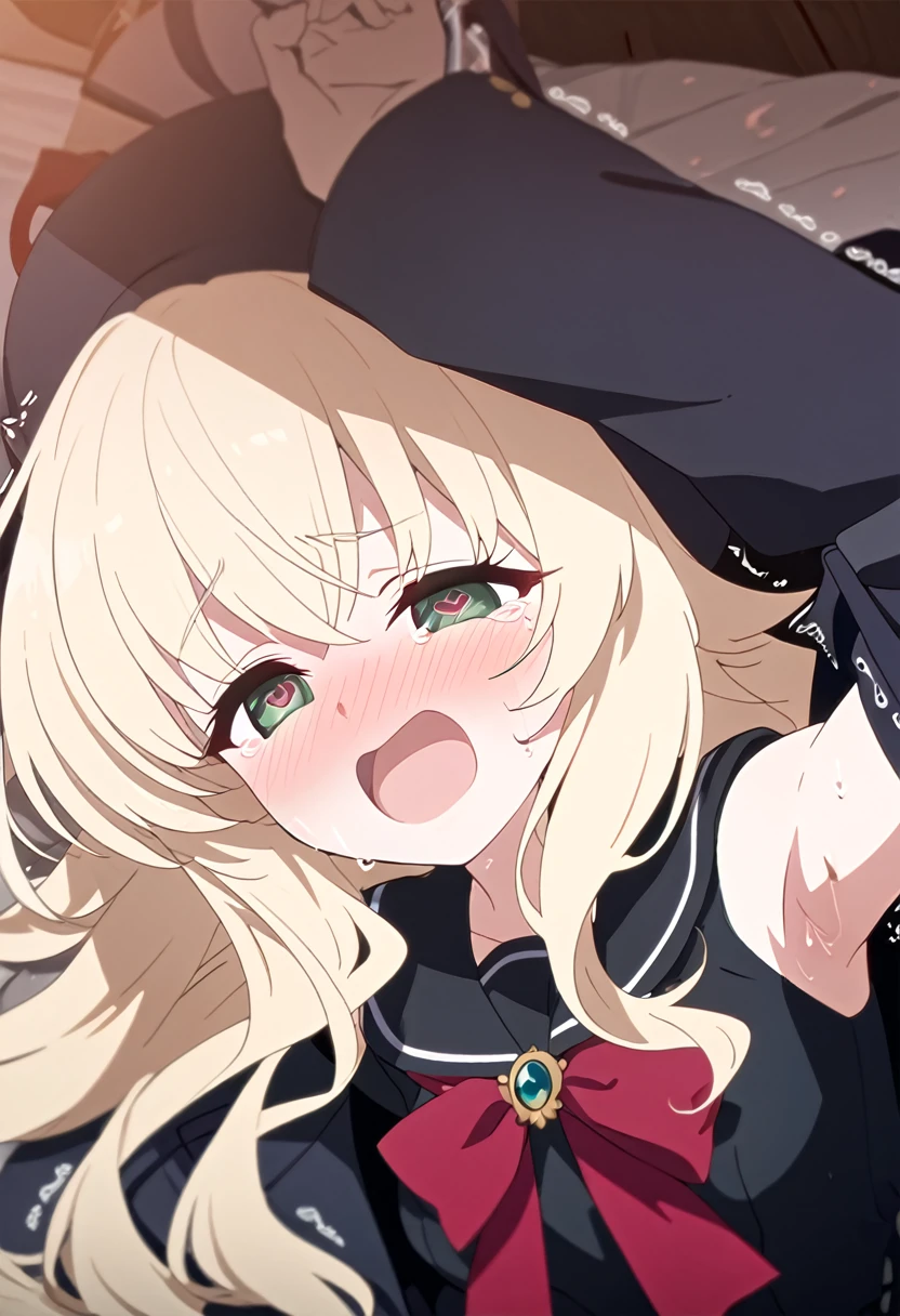 (masterpiece, best quality:1.2), highres, anime screencap, anime coloring, 1girl, solo, tears, scared,

long hair, messy hair, sidelocks, green eyes, blonde hair, black serafuku, red ribbon, brooch, black coat, frills, hat, gloves, pantyhose, white footwear, cross-laced footwear, small breasts,

lying on bed, on back,armpits, (trembling body:1.4), (sweat:1.2), 
day, looking at viewer, portrait, (close-up face:1.2), upper body, open mouth, (Nose Blush:1.2), full-face blush, heart-shaped pupils, empty eyes, blank eyes, Perfect figure, Arched back, , , orgasm, afterglow, erotic smile, torogao
