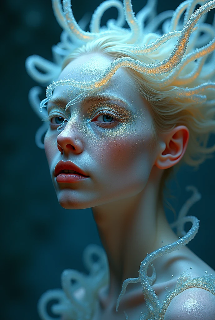 cinematic photo Hyperrealistic art RAW candid close up photo of an ethereal organism with a jellyfish helmet, holographic color, waterdrops, divine (dragon:2 girl:0.3, ginger:0.5 biomorph), glass skeleton, skinless:3, biomechanical details, (empty background), natural lighting, style of h. r. giger, (sharp focus, hyper detailed, highly intricate), . Extremely high-resolution details, photographic, realism pushed to extreme, fine texture, incredibly lifelike,35mm photograph, film, bokeh, professional, 4k, highly detailed