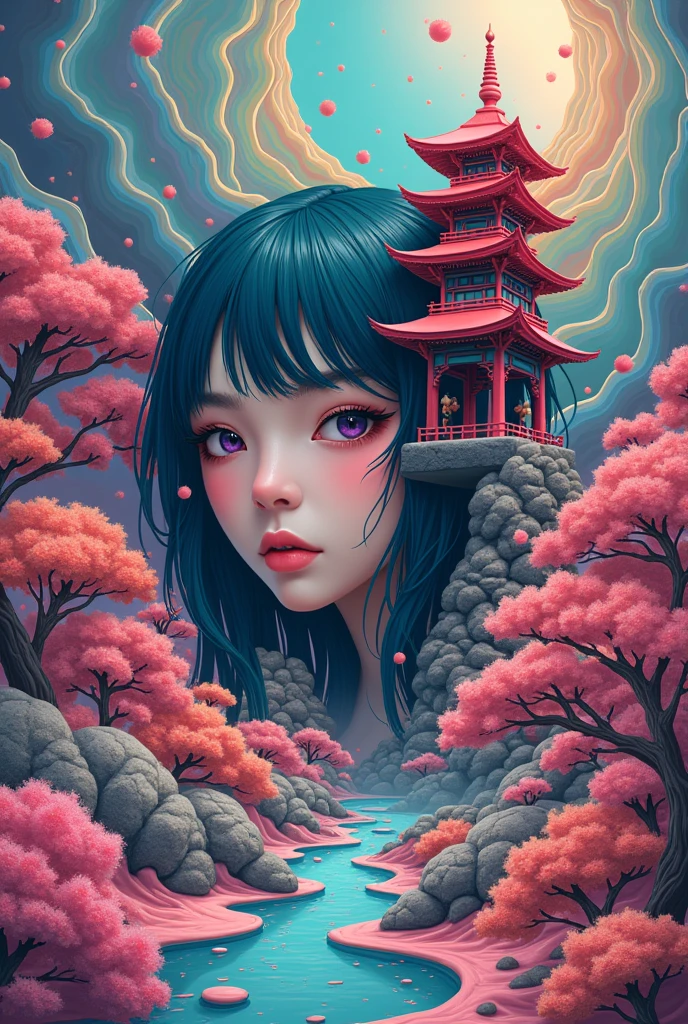 NSFW, (((unrealistic nightmare, Colorful, Fluffy, Abstract, Masterpiece))), Surreal landscape, Distorted shapes, Pastel colors, Dreamlike, Molten textures, Swirling patterns, Inconsistent perspective, Unnatural proportions, (Detailed, Unsettling), High contrast, Ethereal atmosphere, Vibrant hues, (Uncanny, dreamscape), (Nightmare scene), surrealistic, (1.0), Unrestrained imagination, Incoherent thoughts, Bizarre scenarios, Distorted emotions, (Intense, hallucination), Transformative, (0.5), Unpredictable, Whimsical, Episodic. 16k, a painting of a pagoda in the evening, in the style of graphic design-inspired illustrations, circular shapes detailed botanical illustrations, light cyan and orange can't believe how beautiful this is, mythological influences, chinapunk high quality, Super detailed, Super exquisite, 8k, Paper-cut art,architecture,masterpiece,high quality,Super detailed,Super exquisite,8k, ((((perfect face of cyberpunk mecha japanese girl)))),