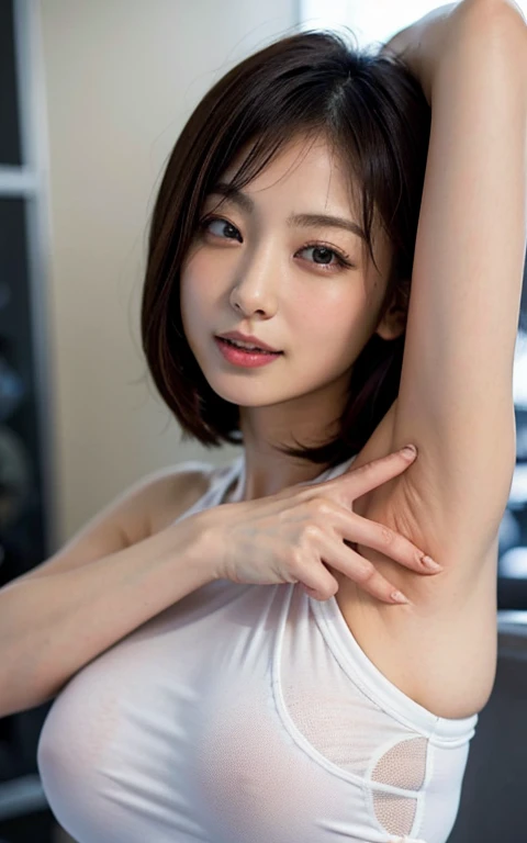 Beautiful Japanese actresses,Highly detailed CG Unity 8k wallpaper, highest quality, Very detailed, masterpiece, Realistic, photo Realistic,,Sharp Nose, Detailed and unbroken depiction of the nose,Age 25, logic, 腹logic, Round eyes, Viewer, blush, Parted lips, Half Body Shot , Sportswear , Gym, Underarm, short hair,Showing Underarm to viewers,Half-closed eyes, Frowning, Open your mouth,((sweat))