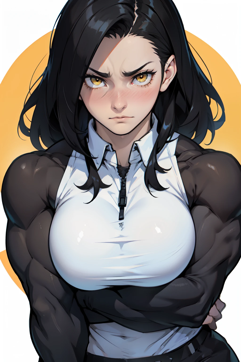expressionless sad pale ((((girl muscular thick large breasts toned body)))) black hair yellow eyes