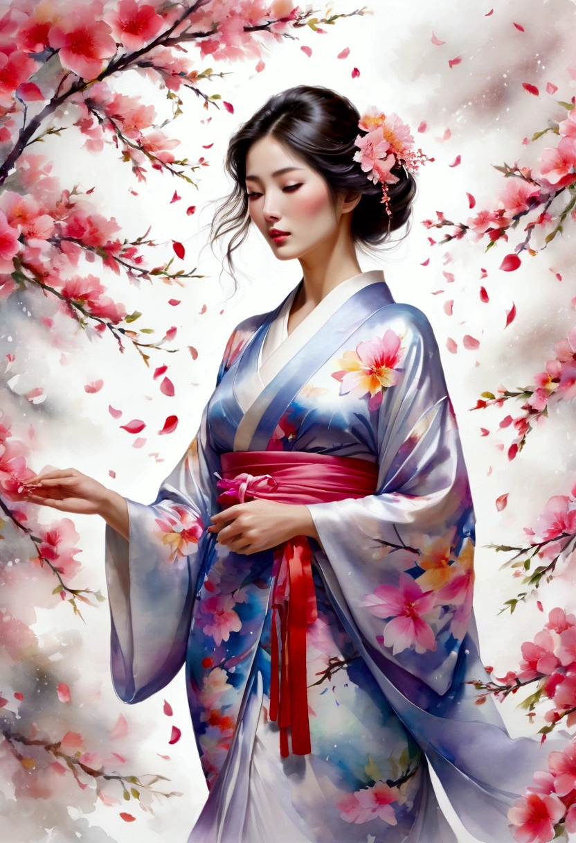 A masterpiece watercolor painting of a beautiful woman in a kimono, framed from the upper body, nearly obscured by an overwhelming flurry of flower petals that fill the entire scene. The painting features soft, delicate brushstrokes with transparent and overlapping colors that blend and bleed beautifully. The watercolor effect creates a graceful, fluid atmosphere, with the boundary between the figure and the background intentionally blurred. The petals nearly hide the figure, adding to the ethereal and dreamlike quality of the composition.