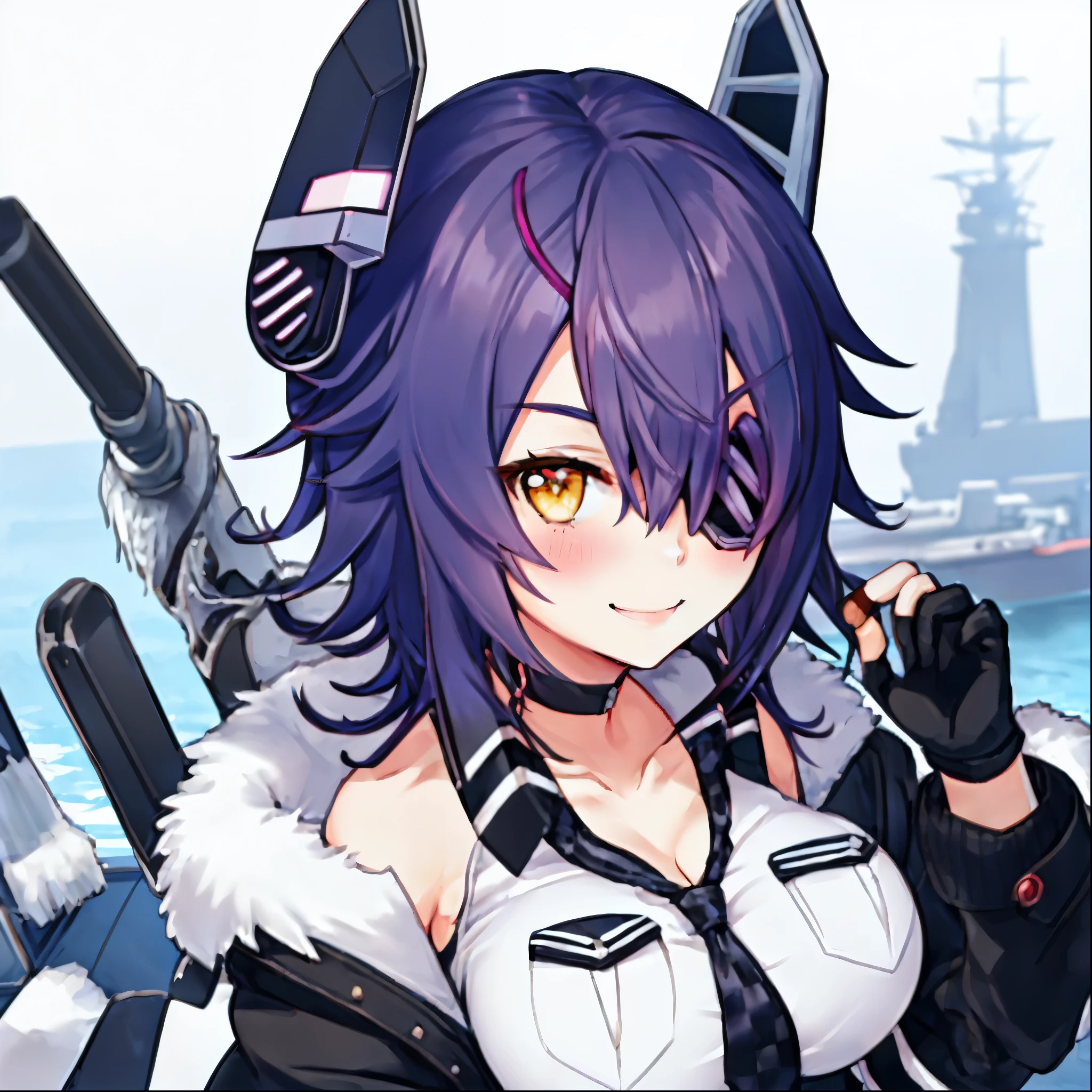 best quality, masterpiece, solo, {tenryuu_kantaicollection:1.15}, teen_girl, eyepatch, short_hair, purple_hair, yellow_eyes, headgear, breasts, necktie, big_breasts, smile, 1girl, blush, checkered_necktie, hair_over_one_eye, shirt, portrait, white_shirt, jacket, sleeveless, fur-trimmed_jacket, fur_trim, collarbone, looking_at_viewer, pocket, breast_pocket, messy_hair, black_gloves, gloves, partially_fingerless_gloves,harbor_road_landscape_background,outdoor,nihl, cleavage,solo