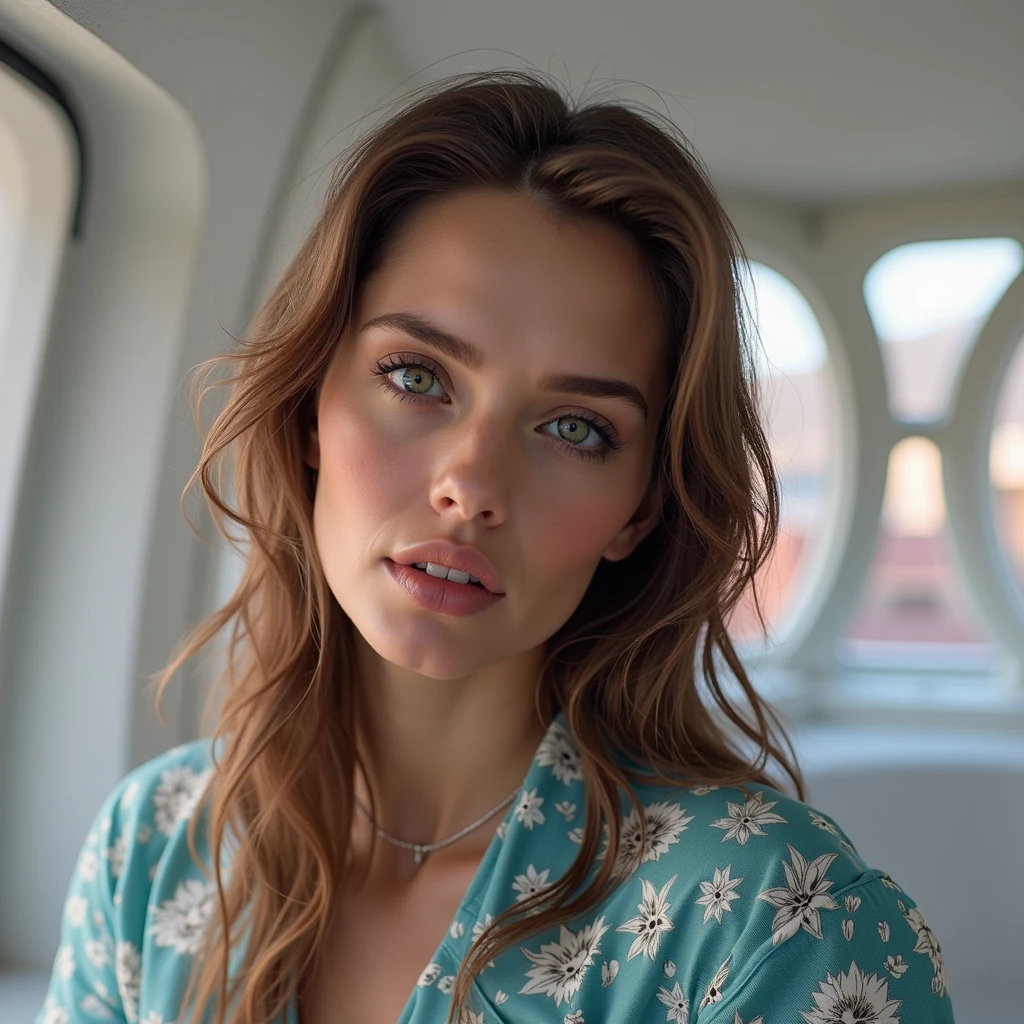 (Best quality, Ultra detailed, Golden ratio, Masterpiece:1.2), Theatrical lighting:0.7, Photo of a russian woman, dressed in a very elegant and pretty dress, Perfect rare face, (Highly detailed skin), soft blondy dyed hair, long straight soft hair, ((chest little)), tall,Hide your mouth with your hands、Ridicule, skin texture, Pale skin, shiny skin, (thin, large size:0.82), [:(Sharp focus on rare face, perfect  blue eyes:1.2):0.2], photorealistic, film grain, Put one foot forward、from below looking up、look at camera、Emphasize the shoulders, Focus on face、Stockings、smile with corners of mouth raised、disdainful expression, summer haze, muted colors, muted warm colors, Photo cinematic portrait of a woman dressed in a striped dress sitting by the window in the early morning, cinematic, (tilted:1.3) (on an old train) look cautious, standing under a spotlight, volumetric dust clouds, key light, backlight, soft natural lighting, photography Film grain ISO 400 30 mm lens RAW f1.8 aperture, highly detailed (analog photography:1), colors hdr