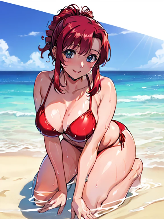 (Anime Style)、Red hair、(woman１people々)、若いwoman、beautiful長い脚、beautiful体、beautiful鼻、Perfect Eyes、Perfect Face、Perfect Legs、Perfect balance、(beautiful、Large Breasts:1.3)、(beautiful顔:1.5)、(Tight waist)、Perfect lighting、colorful、Bright front light、Glowing Skin、 (masterpiece:1.0)、((High resolution))、((Highest quality))、(Normal hand)、(Anatomically correct hand)、(Accurate hands)、((beach))、(Red Bikini）、(Kneeling）、(smile)、(Wet)