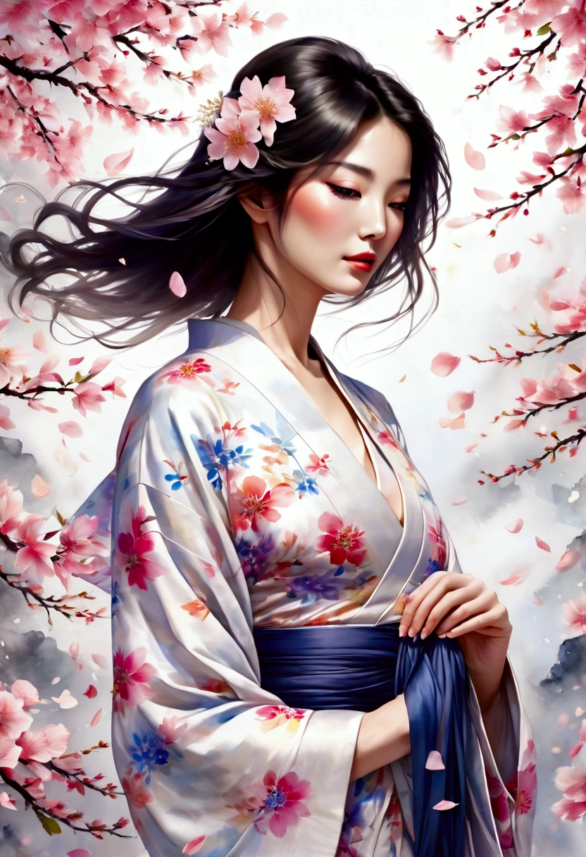 A masterpiece watercolor painting of a beautiful woman in a kimono, framed from the upper body, nearly obscured by an overwhelming flurry of flower petals that fill the entire scene. The painting features soft, delicate brushstrokes with transparent and overlapping colors that blend and bleed beautifully. The watercolor effect creates a graceful, fluid atmosphere, with the boundary between the figure and the background intentionally blurred. The petals nearly hide the figure, adding to the ethereal and dreamlike quality of the composition.