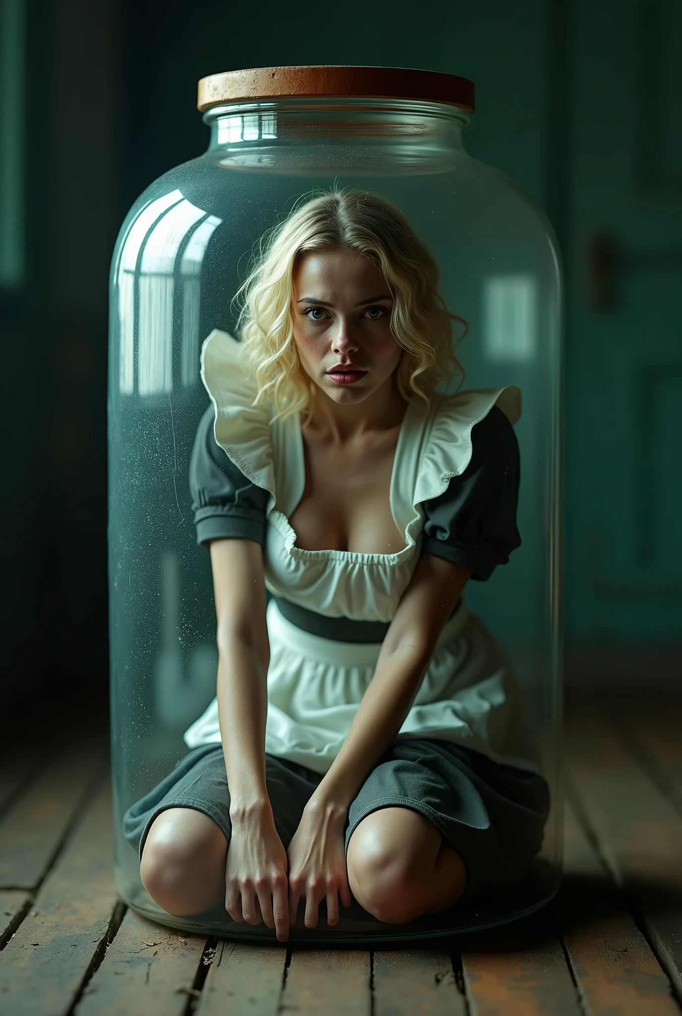 (glass jar:1.45), masterpiece, best quality, American blonde trapped woman is sitting in a glass jar, (behind glass), shocked, posing for a photo, medium breasts, maid outfit, freckles, (blonde hair:1), wavy hair, short hair, shrunken dark wooden floor, dimly lit, looking at viewer, (kneeling:0.8), good lighting, photorealistic: 1.37, masterpiece, best quality, raw photo, absurd resolution, UHD, 1 woman, cleavage, long hair, seductive, erotic pose, looking pitifully at viewer, high resolution, hdr, hiperrealista, 8k