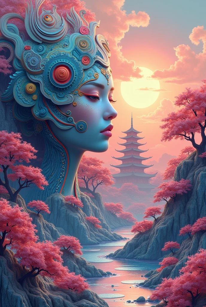 NSFW, (((unrealistic nightmare, Colorful, Fluffy, Abstract, Masterpiece))), Surreal landscape, Distorted shapes, Pastel colors, Dreamlike, Molten textures, Swirling patterns, Inconsistent perspective, Unnatural proportions, (Detailed, Unsettling), High contrast, Ethereal atmosphere, Vibrant hues, (Uncanny, dreamscape), (Nightmare scene), surrealistic, (1.0), Unrestrained imagination, Incoherent thoughts, Bizarre scenarios, Distorted emotions, (Intense, hallucination), Transformative, (0.5), Unpredictable, Whimsical, Episodic. 16k, a painting of a pagoda in the evening, in the style of graphic design-inspired illustrations, circular shapes detailed botanical illustrations, light cyan and orange can't believe how beautiful this is, mythological influences, chinapunk high quality, Super detailed, Super exquisite, 8k, Paper-cut art,architecture,masterpiece,high quality,Super detailed,Super exquisite,8k, perfect face of cyberpunk mecha japanese girl,