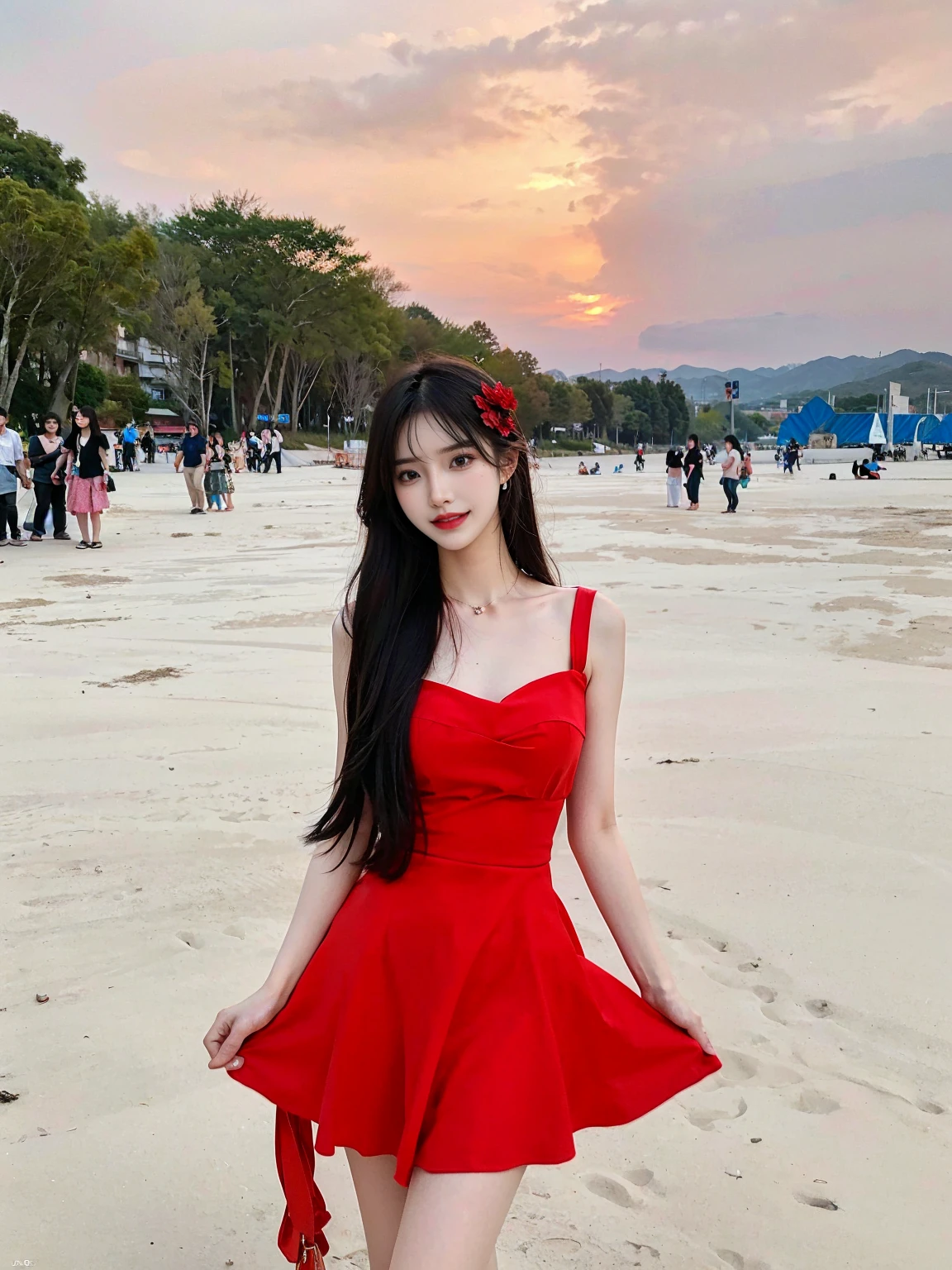 One girl, alone,smile, Beach,(sunset:1.1),  Akagi_Also(denchi-project), alone,  Star hair ornament, Twin Blade,Shine, From behind, Recall, huge sunset,Red float, uniform, night, wave hands, Ocean,smile