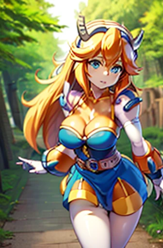 {{masterpiece, best quality, ultra detailed CG, unity 8k wallpaper, cinematic lighting}} character fusion, Midna, Iris, helmet, red dress, orange hair, blue eyes, Twili, Reploid, Beautiful character design, perfect eyes, perfect face, breasts, cleavage, in a forest setting,