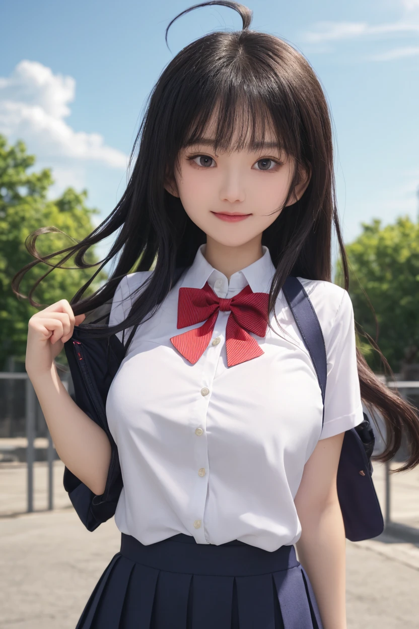 Japan student、summer shirt、bow tie、White pleated skirt、ponytail、school stairs、Walk down the school stairs、Chest up posture、Strike a pose to show off your breasts、8K RAW photos、high resolution、((Cute Japanese girl))、Beautiful eyes are meticulous、long eyelashes、beautiful double eyelids、eye shadow、Eyeliner、shy smile、shy eyes、The legs are beautiful and thin、Beautiful and thin thighs,