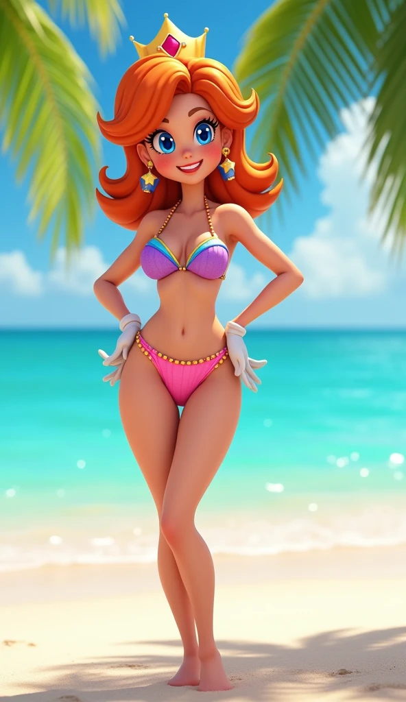 (best quality, 4k, high definition), beautiful blonde on the beach, medium curls, (scarlet micro bikini), languid look, red lipstick, big lips, sexy character in Disney Pixar style, full body, beach background, sand, sun ,bright colors, fun and playful, relaxed atmosphere, soft waves, coconut trees, seashells on white sand, joyful and carefree, fresh summer atmosphere