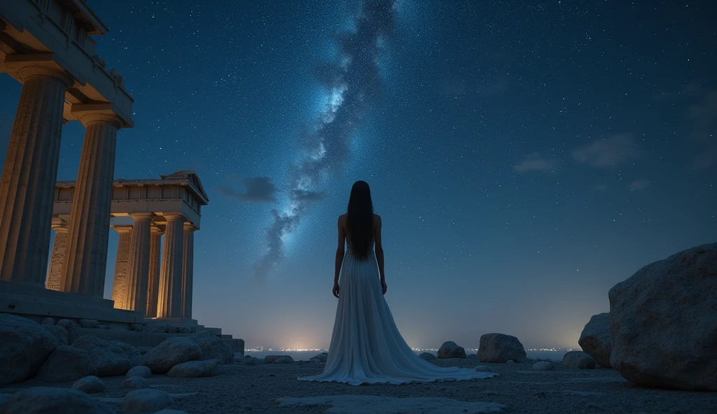 , ((masterpiece, highest quality, Highest image quality, High resolution, photorealistic, Raw photo, 8K)), ((Extremely detailed CG unified 8k wallpaper)), (huge stunning goddess shot, very hot and sexy, jaw-dropping beauty, perfect proportions, beautiful body, slim body beauty:1.4), Midnight, Looking up at the starry sky from the ancient ruins of Greece, movie poster, past, present and future,