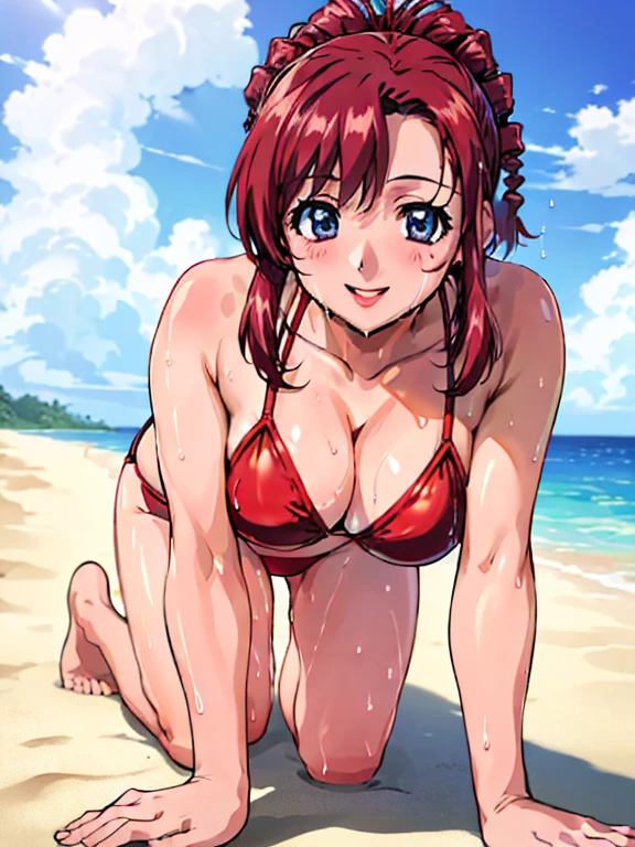 (Anime Style)、Red hair、(woman１people々)、若いwoman、beautiful長い脚、beautiful体、beautiful鼻、Perfect Eyes、Perfect Face、Perfect Legs、Perfect balance、(beautiful、Large Breasts:1.3)、(beautiful顔:1.5)、(Tight waist)、Perfect lighting、colorful、Bright front light、Glowing Skin、 (masterpiece:1.0)、((High resolution))、((Highest quality))、(Normal hand)、(Anatomically correct hand)、(Accurate hands)、((beach))、(Red Bikini）、(On all fours）、(smile)、(Wet)