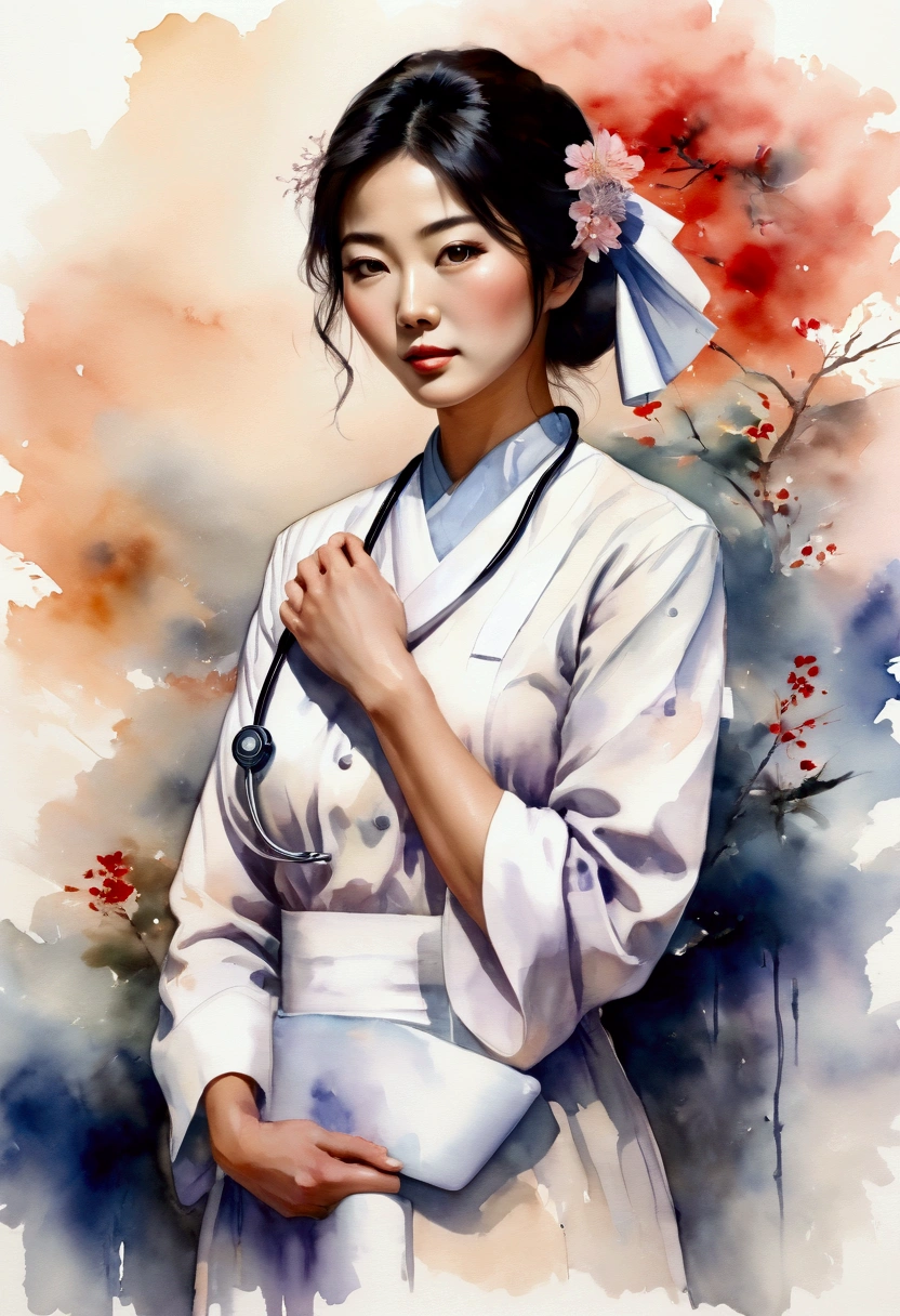 A masterpiece watercolor painting of a beautiful Japanese woman as a nurse, framed from the upper body. The painting features soft, delicate brushstrokes, with transparent and overlapping colors that blend and bleed beautifully. The watercolor effect adds a sense of elegance and fluidity, with the boundary between the background and the figure blurred to create a dreamlike, ethereal atmosphere. The composition emphasizes the beauty, grace, and professionalism of the Japanese nurse, highlighting a calm and caring presence.