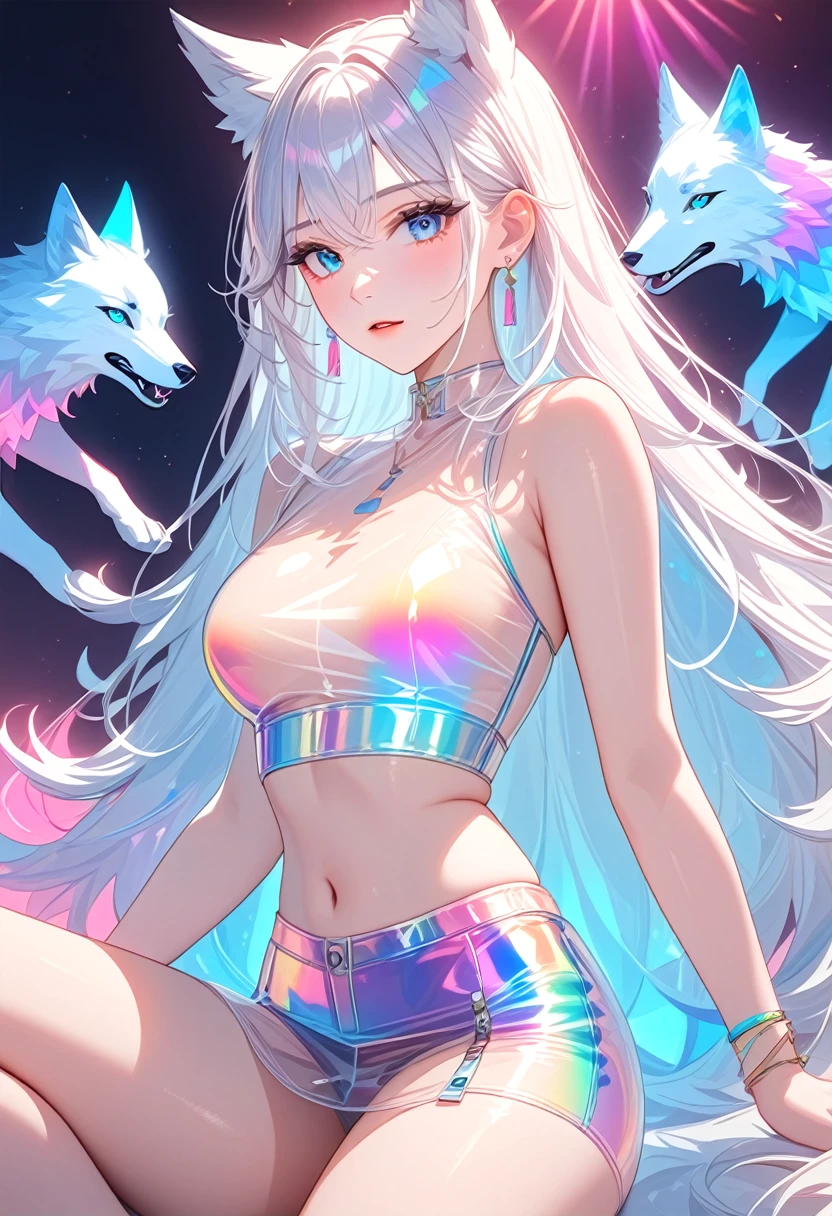 (masterpiece, Highest quality:1.2),  A girl incarnated as a white wolf, Detailed face, Detailed skin, Detailed eyes, Detailed lips, Transparent Vinyl Clothing, Transparent PVC clothing, chromaticaberration, Prismatic, Holographic, 