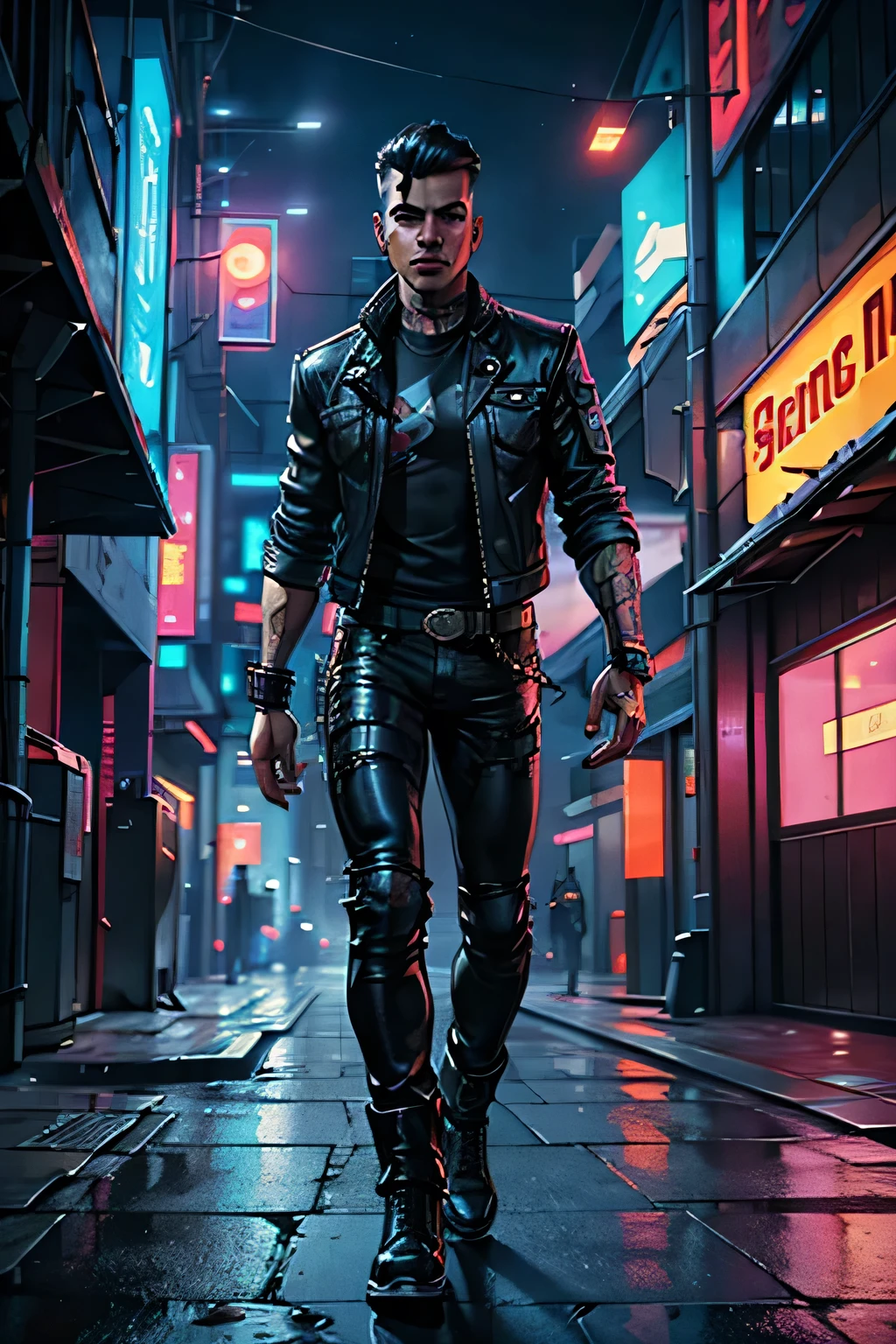 Young man 2, wearing leather pants and a denim jacket, walking on the street in the cyberpunk background, incredible visual effects, super detailed, incredible eyes, super detailed hands