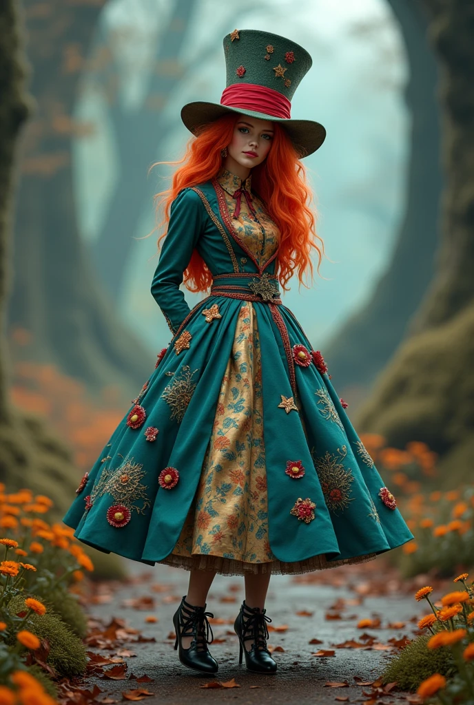 Red-haired snake woman,with a flowing dress and feathered hat and bag ,in red color,green and black,background with pine trees