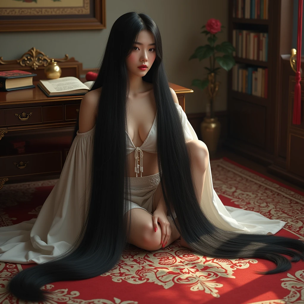 (Best image quality、highest quality、Highest Resolution、Ultra-realistic photos、Full body photo、)A beautiful woman with incredibly long black hair。Hair length is over 10 meters。White underwear or nude。On the bed。Well-formed and beautiful face。With a smile。With both arms, she reached behind her neck.、Lifting long black hair。Straight black hair。Translucent white skin。A glamorous bedroom surrounded by roses。
