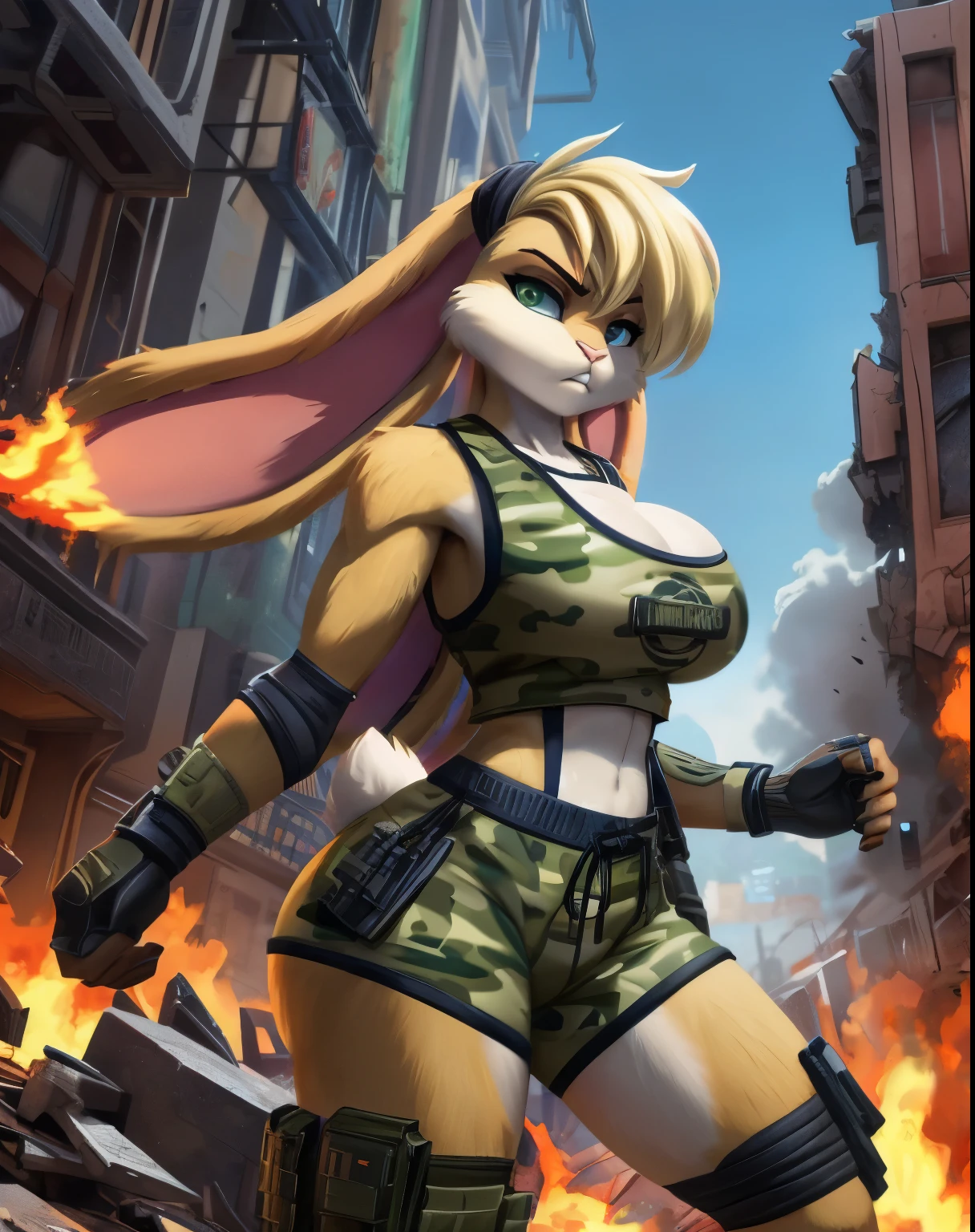 (masterpiece, best quality), 1girl, (big tits), (big ass), (Rabbit soldier girl :1.2), animal nose, (blonde fur :1.2), (wearing a green camouflage top and camouflage shorts :1.2), (military equipment :1.2), knee and elbow pads, combat boots, standing, hero pose, in a futuristic city destroyed by war, burning building in the background, serious expression