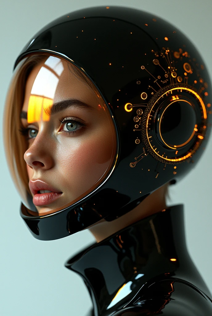 (photorealism:1.2), super high resolution, woman wearing a cyberpunk style shiny black helmet with robotic features, the reflection on her face is made of glowing golden wires with intricate details, hyper-realistic photography in the style of an editorial pose, photorealistic, 8k, high render