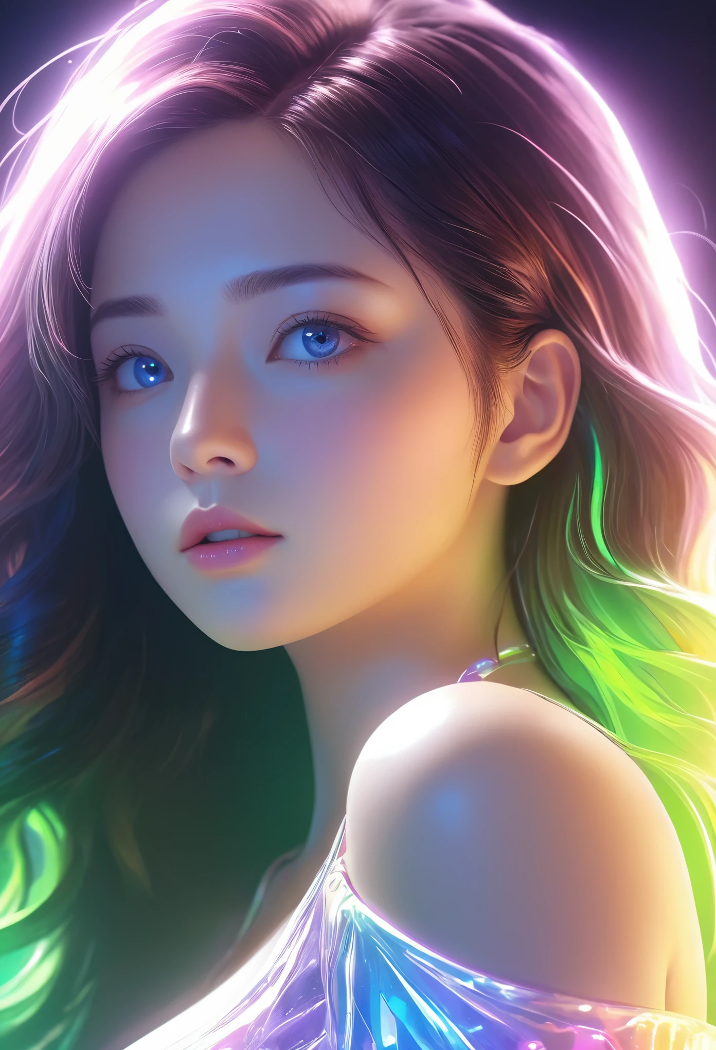 Fluorescent Color, 1 girl, Look to the side, Pretty Face, beautiful eyes, (Shoulder: 1.2), Upper Body, Shiny hair, Radiant Skin, Huge breasts, Dynamic Angle, (((main part))), (((Better quality))), ((Extremely detailed)), (illustration), (Detail Light), ((Extremely beautiful)), dramatic_shadow, Light_track, reflection, Ultra-high resolution