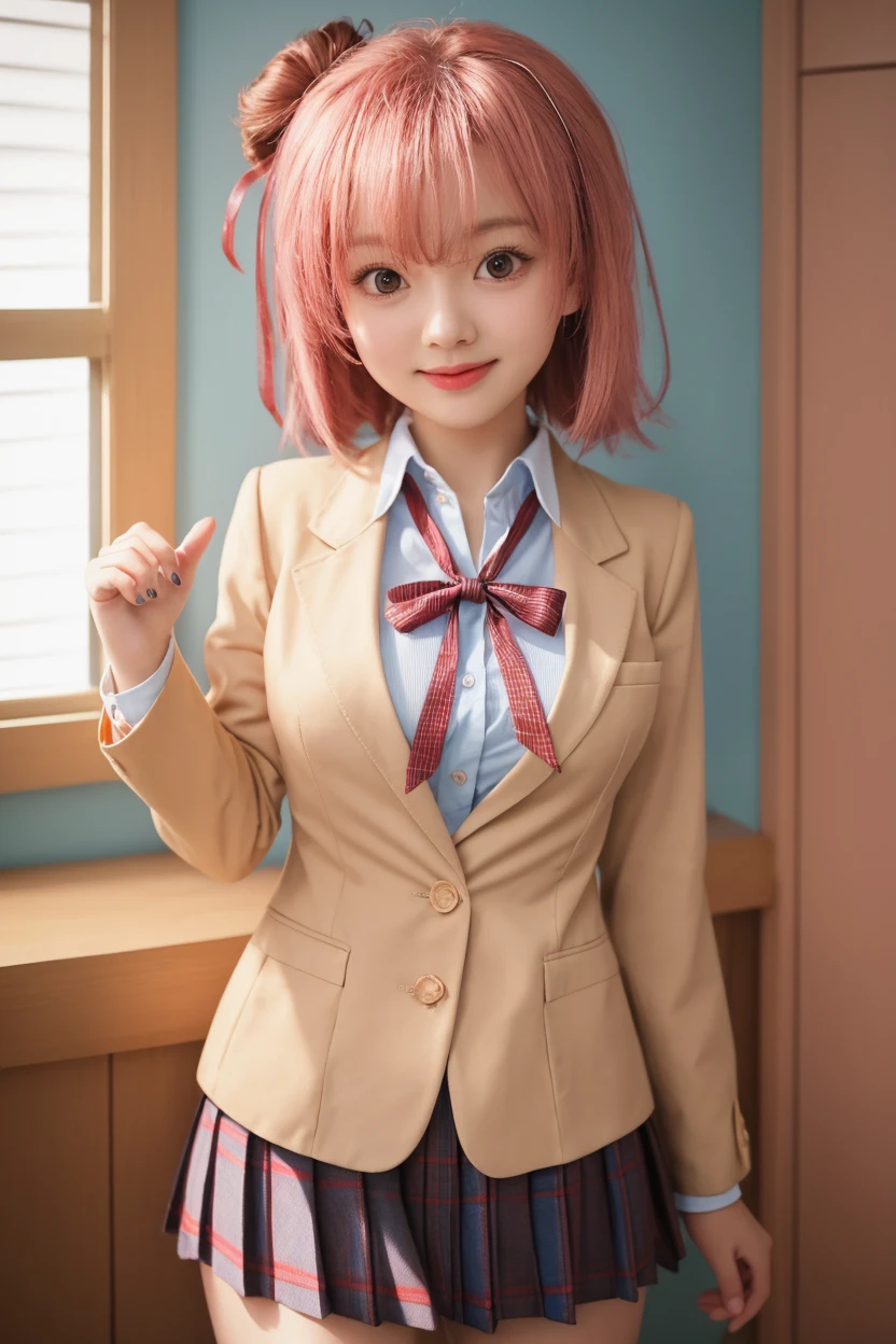 Masterpiece, hd , realistic, Korean girl, 17 y.o, cosplayer, best quality, momoi (blue archive), brown hair, cat headphone, wear jacket, tail, blue necktie, Standing, indoor 