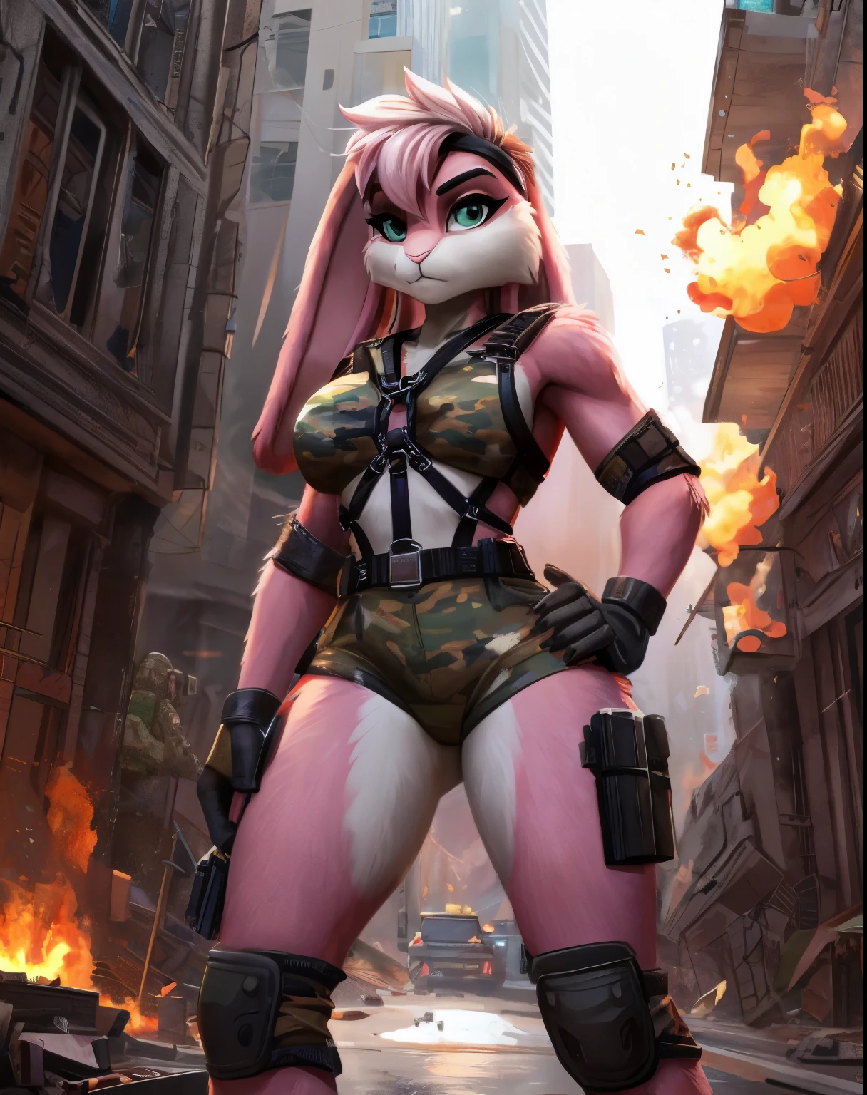 (masterpiece, best quality), 1girl, big tit), big ass, thin waist, thick thighs, toned legs, (Rabbit soldier girl :1.2), animal nose, (white and pink fur :1.2), (wearing a green camouflage top and camouflage shorts :1.2), (military equipment :1.2), (knee and elbow pads :1.2), ((tactical harness :1.3)), (combat boots), standing, hero pose :1.2, in a futuristic city destroyed by war, burning building in the background, serious expression