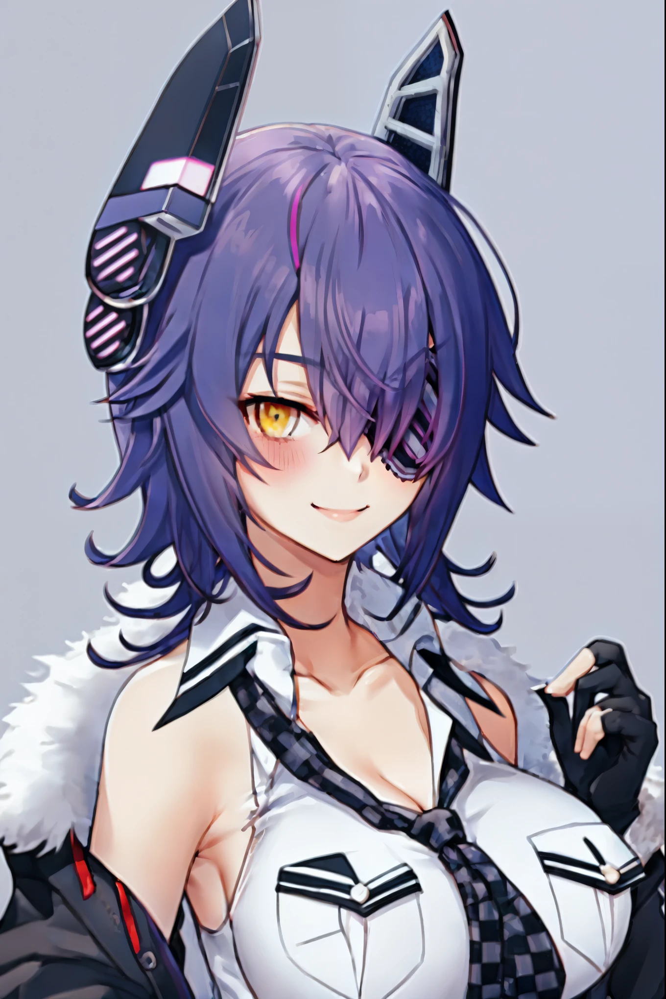 best quality, masterpiece, solo, {tenryuu_kantaicollection:1.15}, teen_girl, eyepatch, short_hair, purple_hair, yellow_eyes, headgear, breasts, necktie, big_breasts, smile, 1girl, blush, checkered_necktie, hair_over_one_eye, shirt, portrait, white_shirt, jacket, sleeveless, fur-trimmed_jacket, fur_trim, collarbone, looking_at_viewer, pocket, breast_pocket, messy_hair, black_gloves, gloves, partially_fingerless_gloves,harbor_road_landscape_background,outdoor,nihl, cleavage,solo