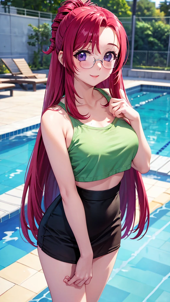 A beautiful anime girl, very beautiful face, happy face, happy smile , very long hair, Red hair, loose hair, purple eyes, blush, blushing, happy face, Mizuho Kazami, very detailed eyes, dentro de pool, view from above, beautiful body, medium breasts, big thighs, crop top, backwards, look at the viewer, short skirt, glasses, beautiful female body, body 1:3 ,  pool, background people, maximum quality, Perfect anatomy, masterpiece, HD, well detailed 
