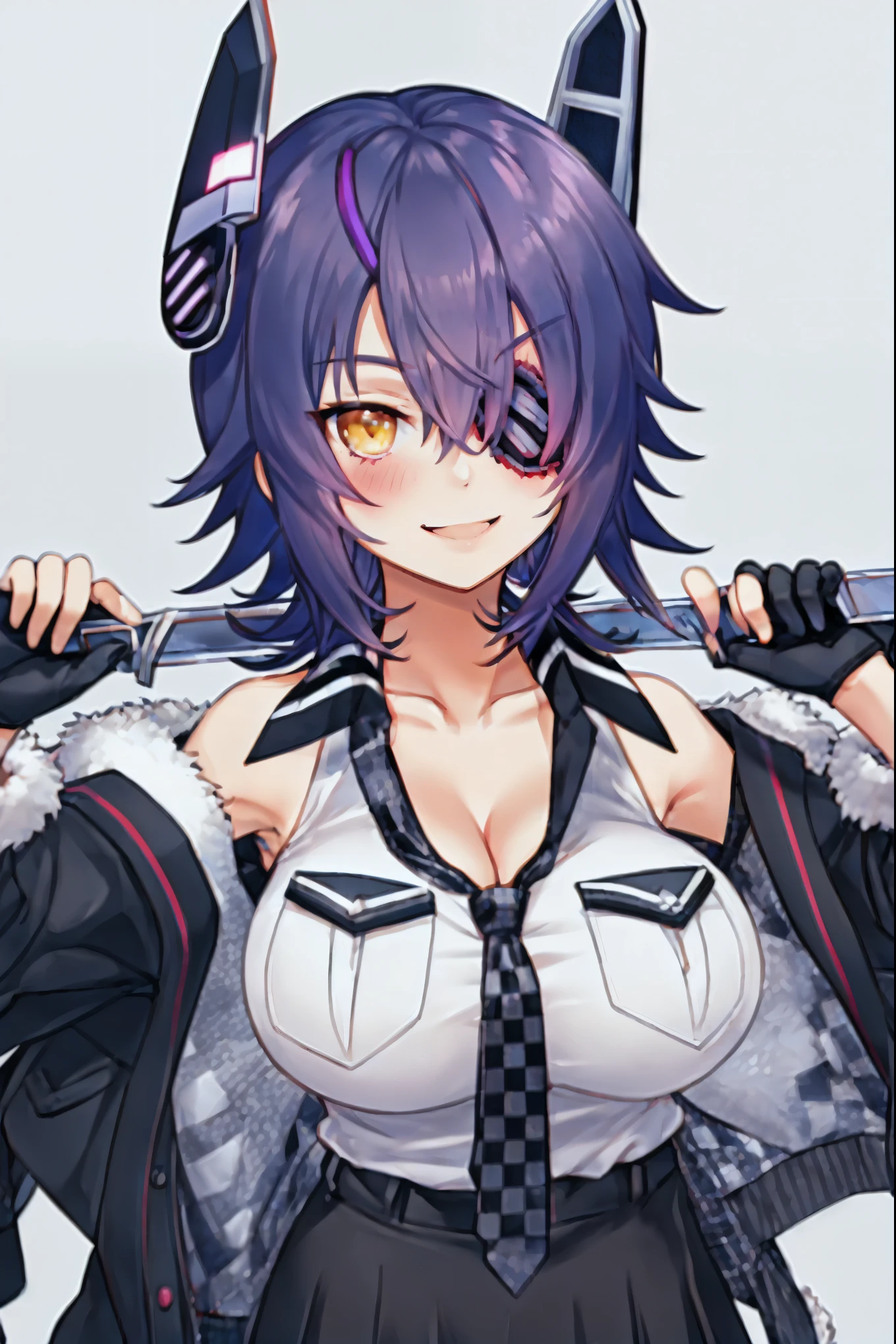 best quality, masterpiece, solo, {tenryuu_kantaicollection:1.**}, ****_girl, eyepatch, short_hair, purple_hair, yellow_eyes, headgear, breasts, necktie, big_breasts, smile, 1girl, blush, checkered_necktie, hair_over_one_eye, shirt, portrait, white_shirt, jacket, sleeveless, fur-trimmed_jacket, fur_trim, collarbone, looking_at_viewer, pocket, breast_pocket, messy_hair, black_gloves, gloves, partially_fingerless_gloves,harbor_road_landscape_background,outdoor,nihl, cleavage,solo