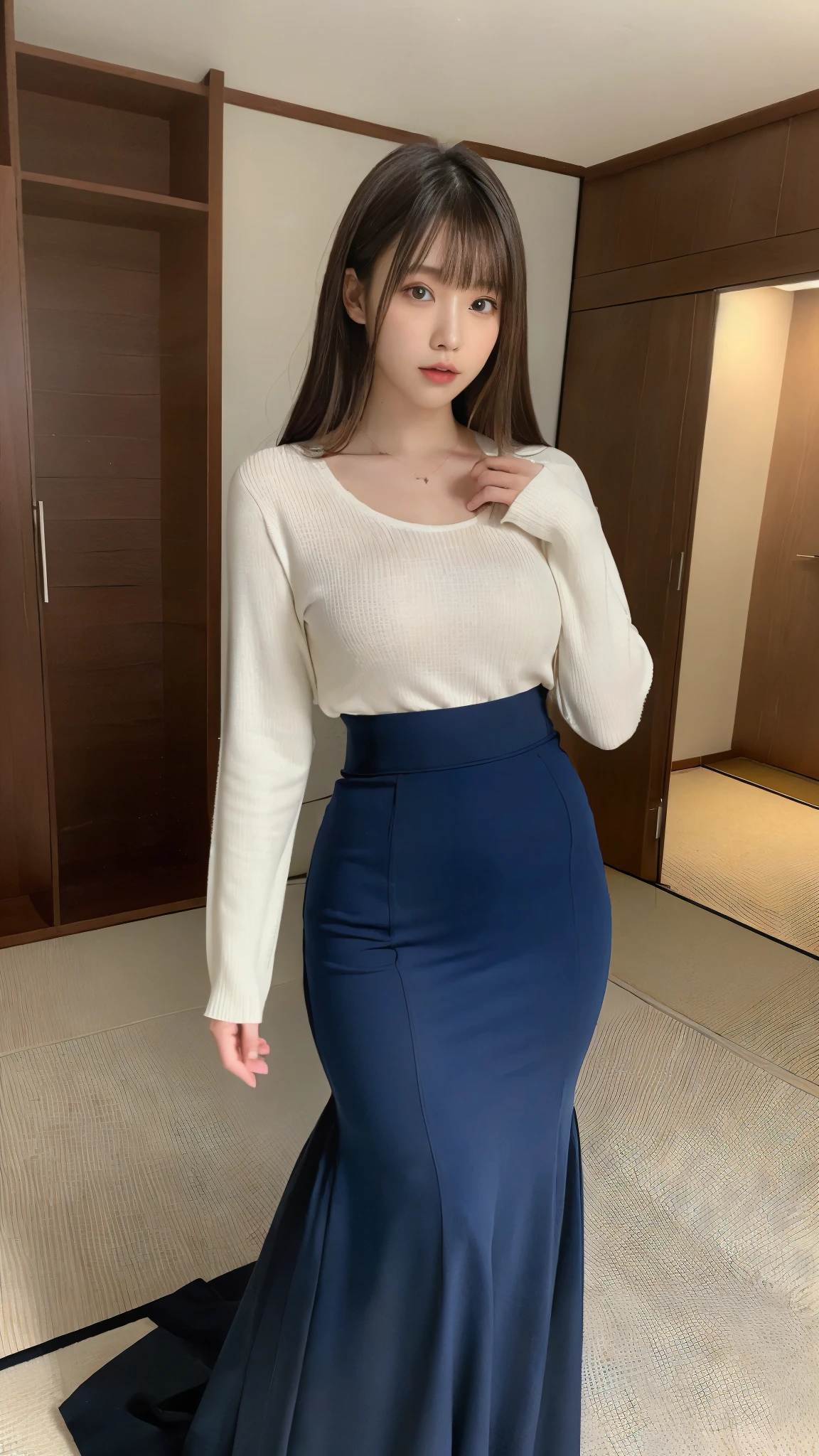 (masterpiece,Highest quality,Ultra-high resolution),Highly detailed CG, Perfect lighting、(((Very beautiful 2 Japan woman))),((High waist mermaid skirt)),(((Long skirt in maxi length)))、The skirt fits snugly to the body、Long-sleeved tops、Plump thighs、