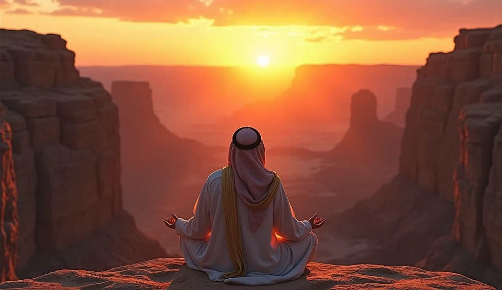 Bedouin Arab man in Arab clothes sitting on top of a desert mountain