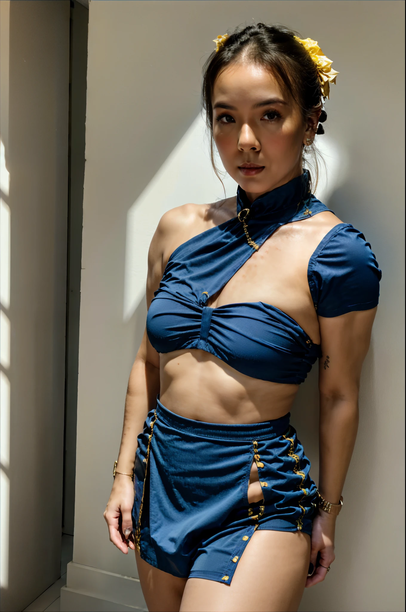 《Street Fight II》Chun-Li,Perfect Chun-Li Costume,Blue and gold thread cheongsam,Bun head,Good cover,Fighting Stance,High Kick,Kick、Lift your legs,masterpiece、1 beautiful girl、beautiful eyes、Puffy eyes、best quality, 超high resolution, (Reality: 1.4), light、Super beautiful、Beautiful skin、turn body forward、(Ultra-realistic)、(high resolution)、(8k)、(Very detailed)、(Beautiful eyes)、(Super detailed)、 (wall-)、Delicate face、Bright light、Professional lighting、Looking at the audience、Direct vision、Tilted stone sculpture, best quality, masterpiece, best quality, Perfect face, Perfect brown eyes and white sclera, Bad Move - 5, Solitary, 1 girl, Upper Body, brown hair, From SF2, muscular asian woman, Blue clothes, Pantyhose, Pelvic Curtain, Full short sleeves, Good cover, sash, ((((showing strong legs)))), ((shorty)), ((standing)), (((Neckline))), (((underboobs)).