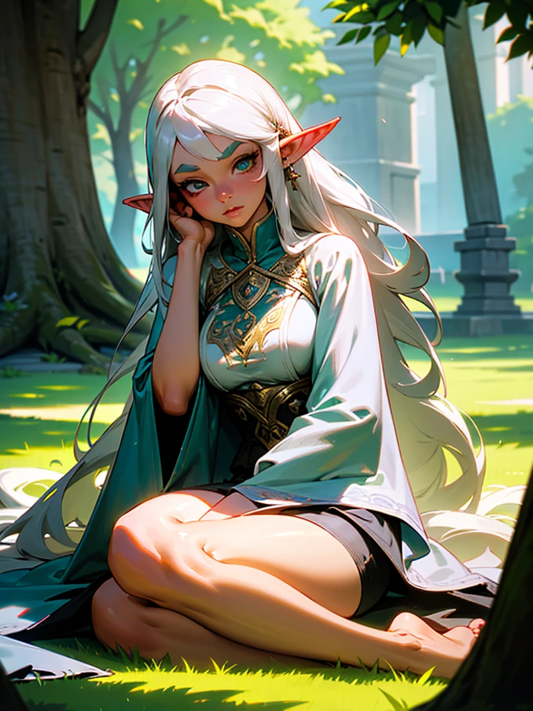 girl in a garden, beautiful detailed eyes, beautiful detailed lips, extremely detailed eyes and face, long eyelashes, white blouse with long sleeves and high collar, white cloak over the shoulders, intricate silver earrings and necklace, pointed ears, (black miniskirt), (white gloves), thigh-high white high-heel boots, long platinum-white hair tied in a ponytail, long hair strand framing the face, detailed silver eyes, (sentada en la hierba recostada en tronco de un arbol) surrounded by white and blue flowers, in the courtyard of a medieval fantasy castle, hyper-realistic full figure, perfect body (wide hips) (thick thighs), photorealistic, realistically shaded perfect body, (large ), seductive anime girl, photorealistic render of anime girl, high quality 8k detailed art, oppai, realistic 3d anime, voluptuous body, 3d anime girl, highly detailed anime