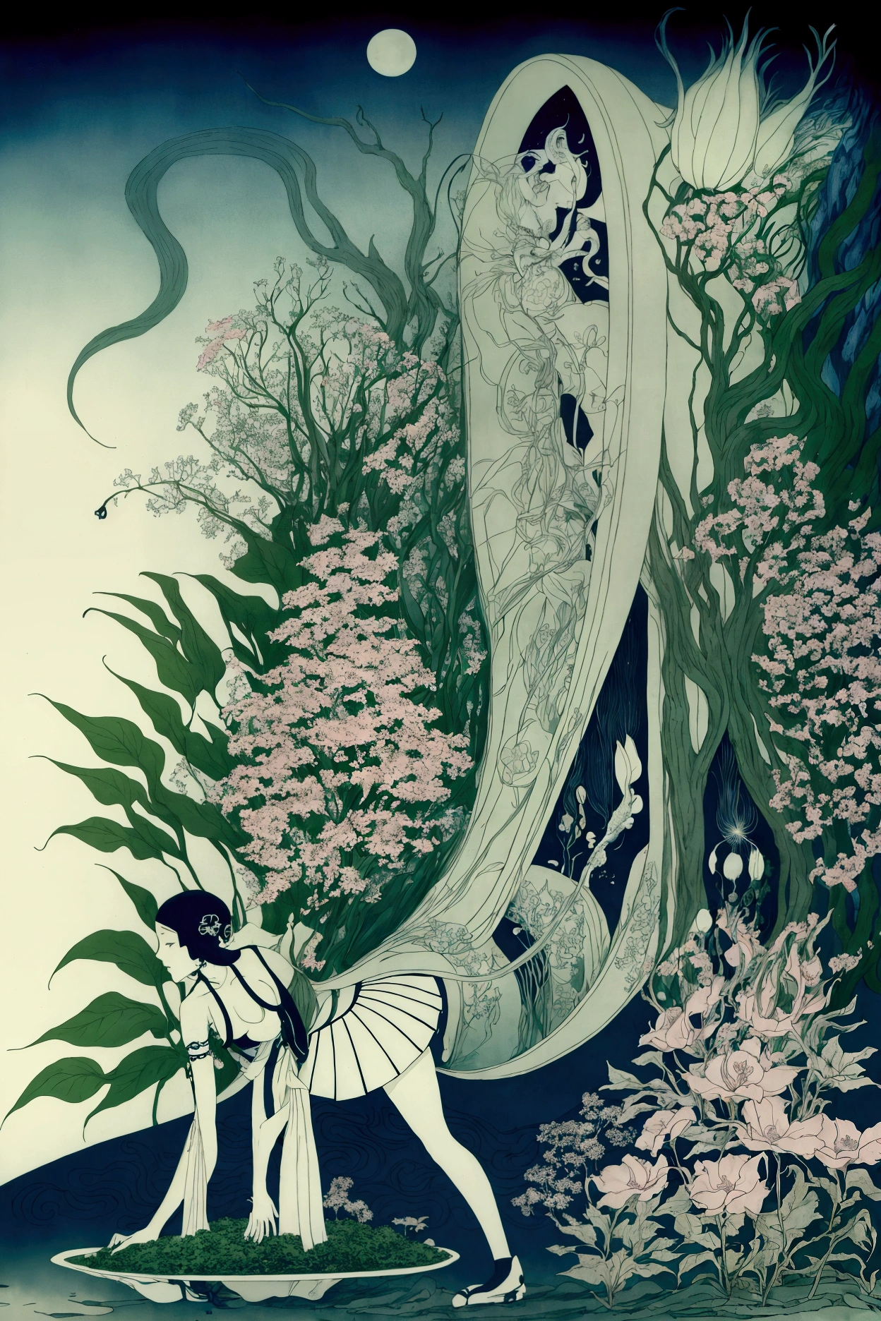 Kay Nielsen, Maki Enjōji, Lívia Rusz, Gazmend Leka, Yu asagiri, Surrealism, wonder, strange, fantastical, fantasy, Sci-fi, Japanese anime, beautiful high school girl in a miniskirt watering trumpet flowers, perfect voluminous body, imaginary garden, flower bed of imagination, detailed masterpiece