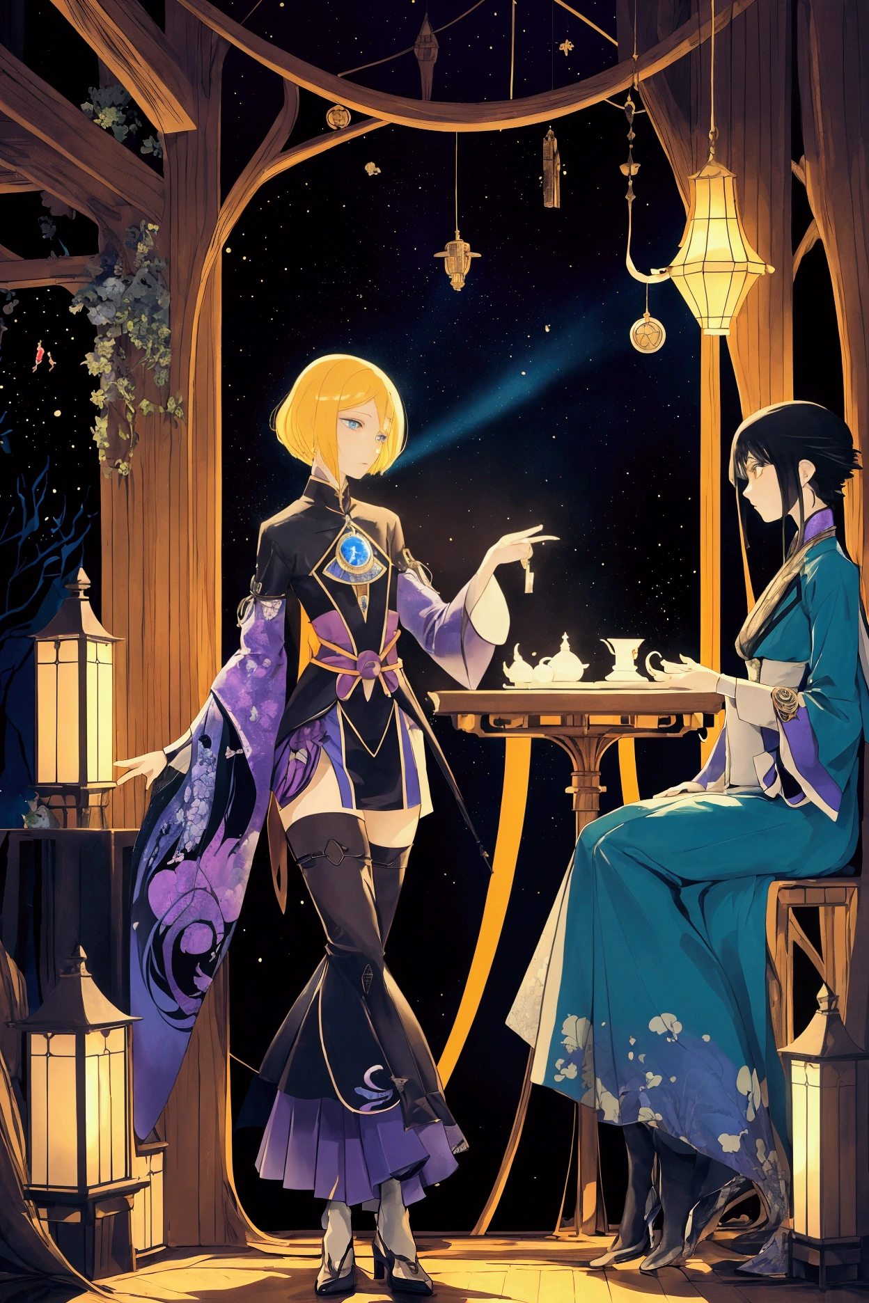 Harry Clarke, Dora Keresztes, Masamune Shirow, Yuu Watase, Iassen Ghiuselev, Surrealism, strange, bizarre, fantastical, fantasy, Sci-fi, Japanese anime, a man with the body of a violin plays himself, a beautiful blonde miniskirt girl named Alice walking around town, perfect voluminous body, a floating tea set, a distant mountain range of chess pieces, detailed masterpiece angles perspectives