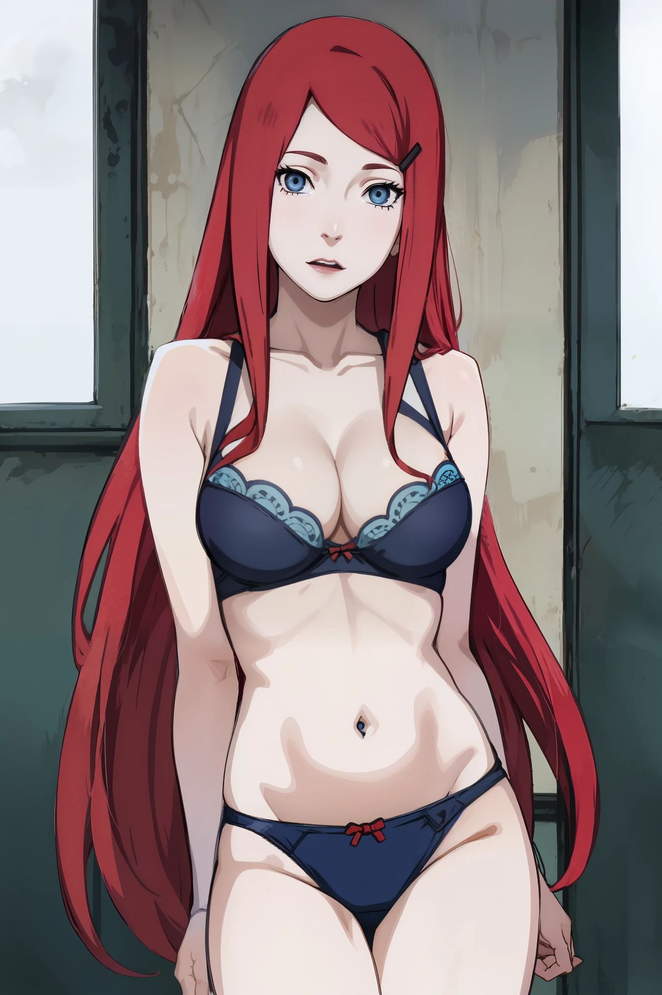 kushina, kushina, long hair, hair ornament, red hair, red head, hairclip, wearing bra wearing panties sexy body blue eyes
