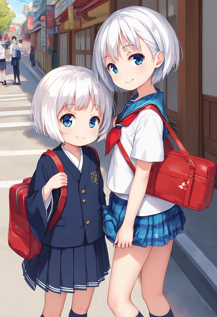 A cute girl, looking at the viewer,short white hair, blue colored eyes, Grinning, wearing a Japanese style school uniform, street with people in the background, red bag on the back, child&#39;s body, cute image, work of art, perfect hands, detailed uniform, background detailing, detailedeyes, high qualiy