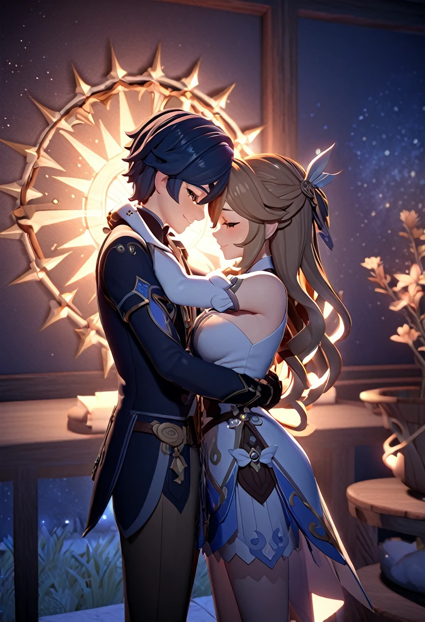 Genshin Impact，3d，walnut，Funina，Embrace，Affectionately，（Detailed lighting），Tears in the eyes，The joy after victory，Strong shadows，dusk，Starry Sky