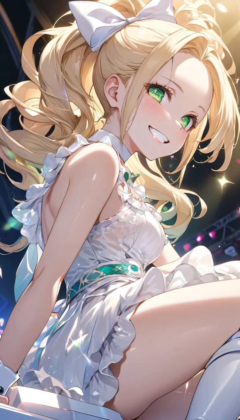 1girl, Fluffy hair, blondes, long ponytail, forehead, white ribbon, white dress with frill and blue jwel, back, White ribbon on chest、white wrist cuffs, thighs, white boots with pink shoestring, white choker, Sparkling green eyes, Transparent white skin、(Grin)、Detailed Pretty Dresses, (Angle from front and below), A colorfully lit live stage、(facesitting:1.5), 1boy, the boy is lying under the girl, the girl is sitting on his face, The boy has a painful expression、(The girl holds the boy&#39;s legs under her arm), The boy is photographed from head to thigh, パイルドライバー、