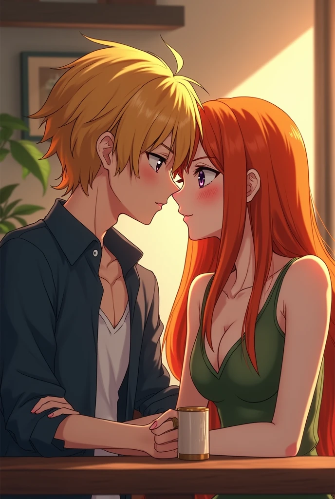 An orange haired man with orange eyes and orange fox ears and an orange fox tail is hugging a pink haired woman with violet eyes in a shop

