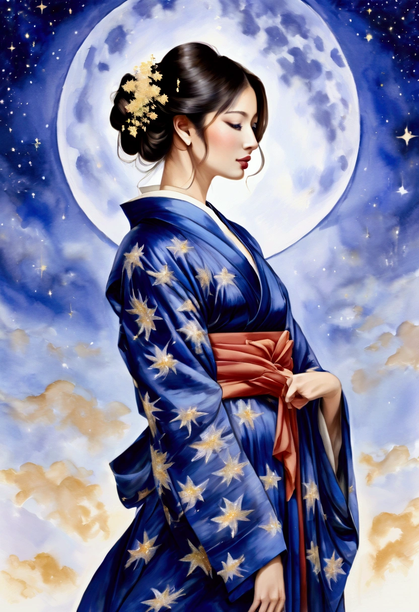 A masterpiece watercolor painting of a beautiful woman in a kimono, framed from the upper body, set against a starry night sky. The painting features soft, delicate brushstrokes with transparent and overlapping colors that blend and bleed beautifully. The watercolor effect creates a graceful, ethereal atmosphere, with the boundary between the figure and the background intentionally blurred, giving a dreamlike quality. The stars add a sense of wonder and serenity, enhancing the beauty and elegance of the woman in her traditional attire.